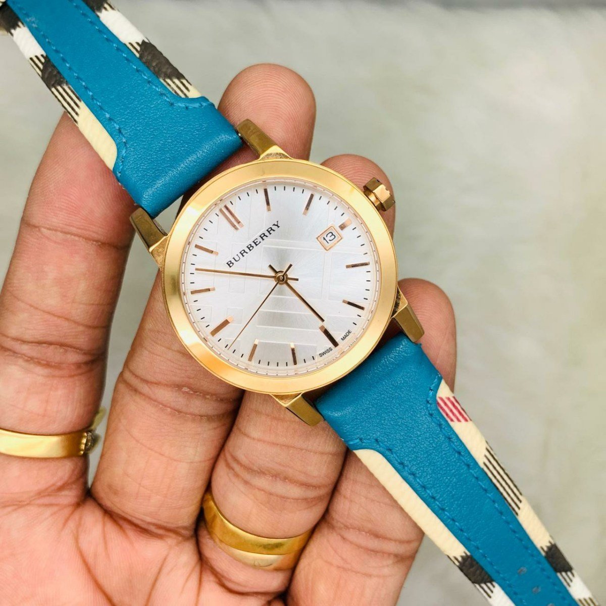 Burberry The City Gold Dial Turquoise Leather Strap Watch for Women - BU9018 Watches Burberry   