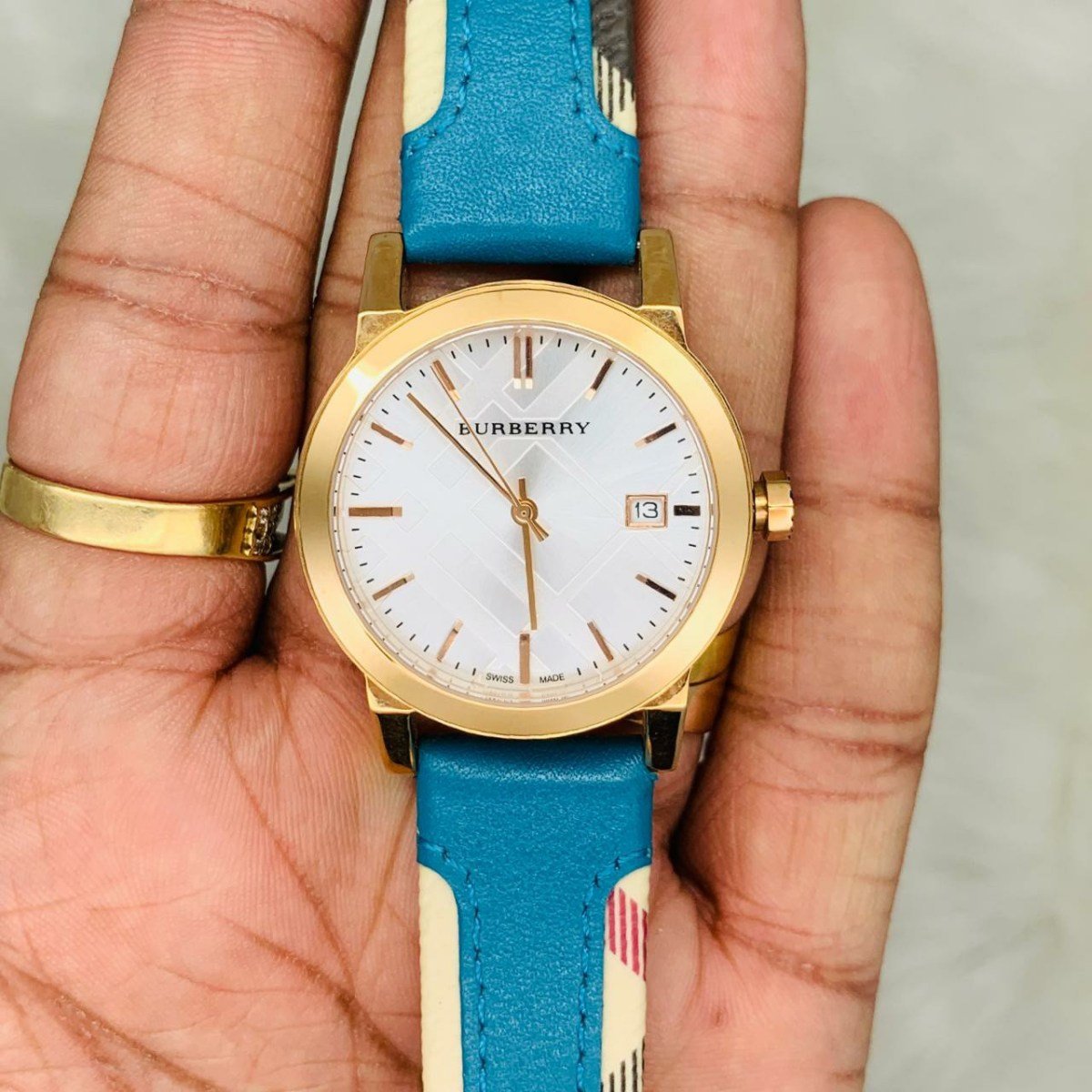 Burberry The City Gold Dial Turquoise Leather Strap Watch for Women - BU9018 Watches Burberry   