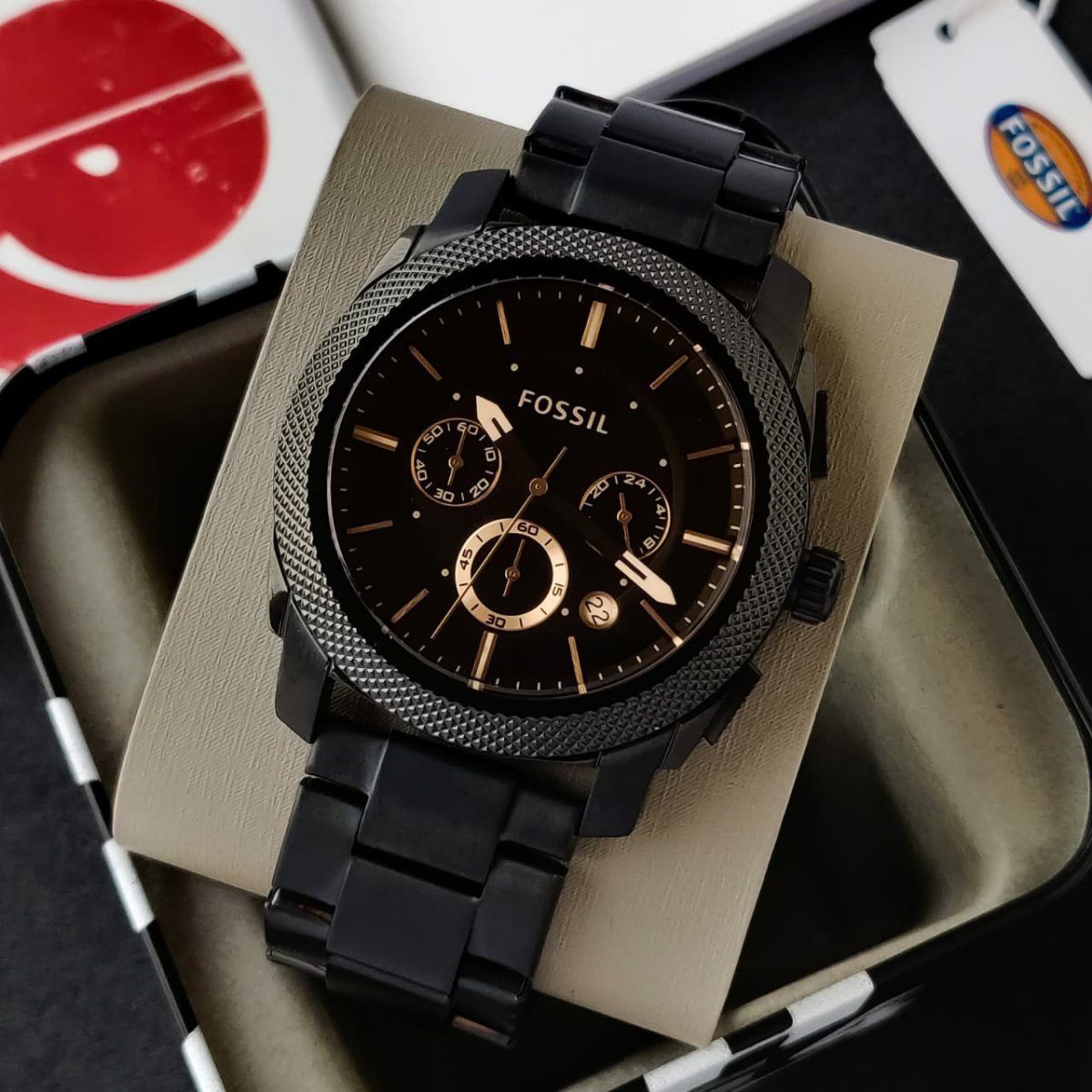 Fossil Machine Chronograph Black Dial Black Steel Strap Watch for Men - FS4682 Watches Fossil   