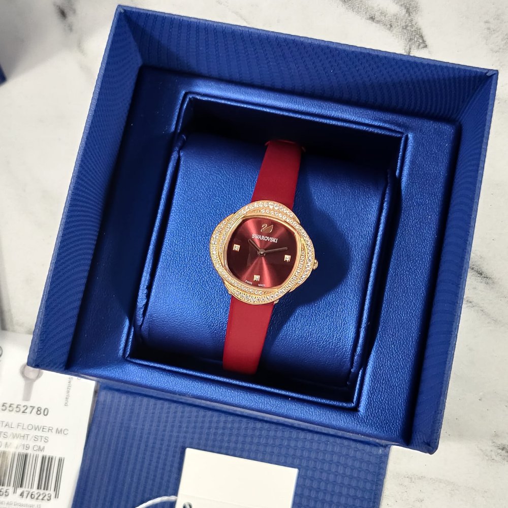 Swarovski Crystal Flower Red Dial Red Leather Strap Watch for Women - 5552780 Watches Swarovski   