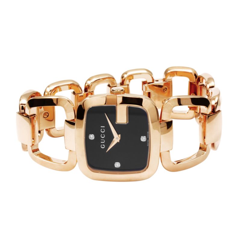 Gucci G Ladies Diamonds Black Dial Rose Gold Steel Strap Watch For Women - YA125512 Watches Gucci   