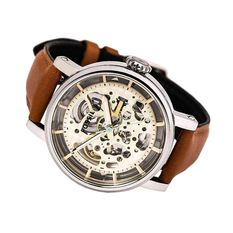 Fossil Boyfriend Automatic Skeleton Silver Dial Brown Leather Strap Watch for Women - ME3109 Watches Fossil   