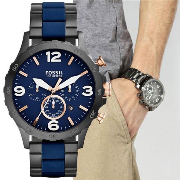 Fossil Nate Chronograph Blue Dial Two Tone Steel Strap Watch for Men - JR1494 Watches Fossil   