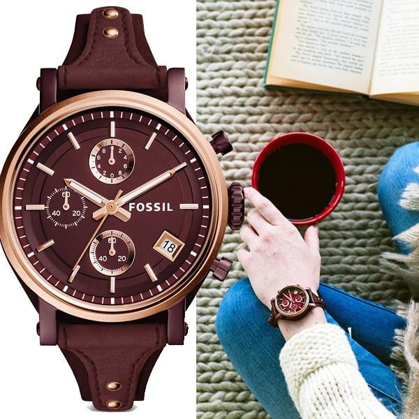 Fossil Original Boyfriend Sport Chronograph Maroon Dial Maroon Leather Strap Watch for Women - ES4114 Watches Fossil   