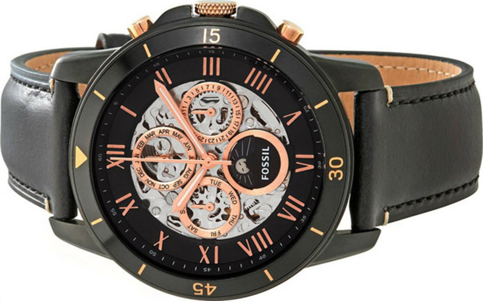 Fossil Grant Sport Automatic Skeleton Black Dial Black Leather Strap Watch for Men - ME3138 Watches Fossil   