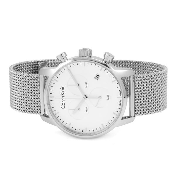 Calvin Klein City Chronograph White Dial Silver Mesh Bracelet Watch for Men - K2G27126 Watches Calvin Klein   