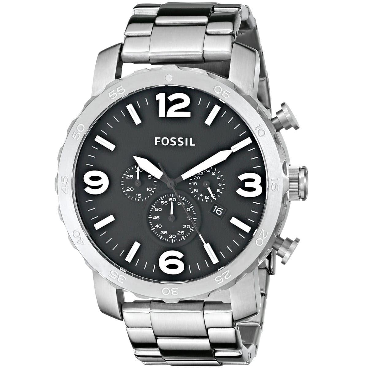 Fossil Nate Chronograph Black Dial Silver Steel Strap Watch for Men - JR1353 Watches Fossil   