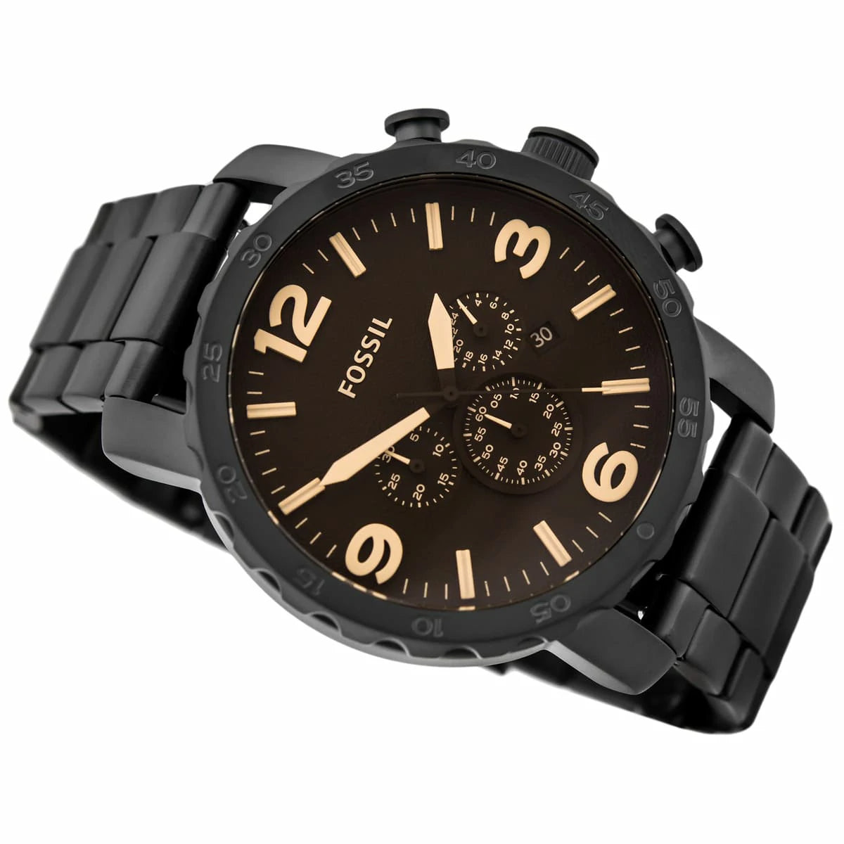 Fossil Nate Chrongraph Black Ion Plated Black Dial Black Steel Strap Watch for Men - JR1356 Watches Fossil   