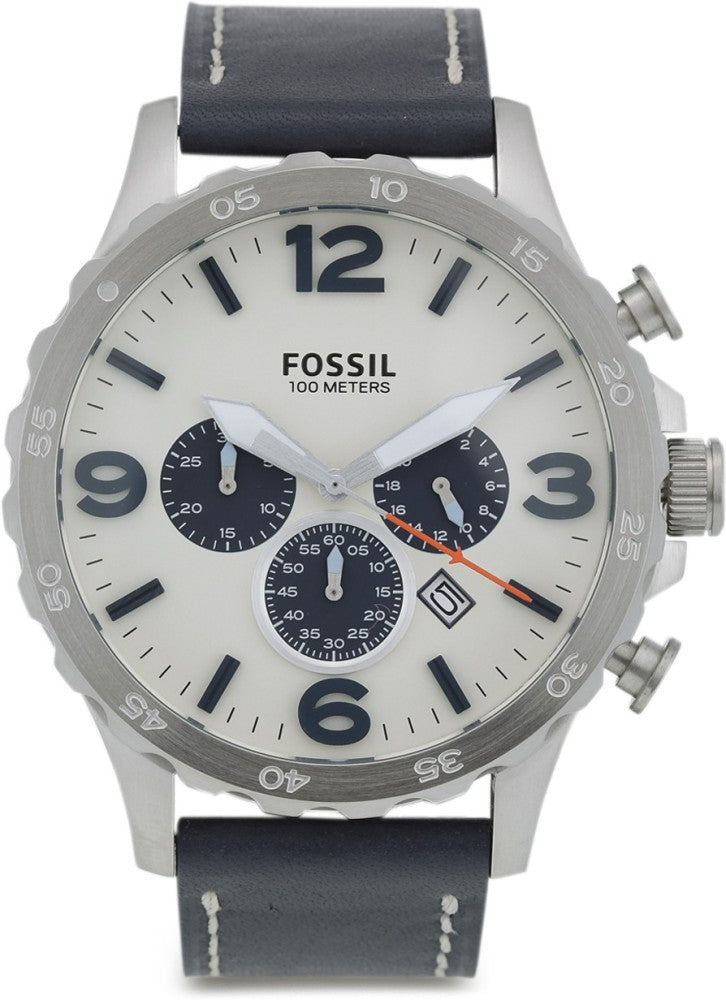 Fossil Nate Chronograph White Dial Blue Leather Strap Watch for Men - JR1480 Watches Fossil   