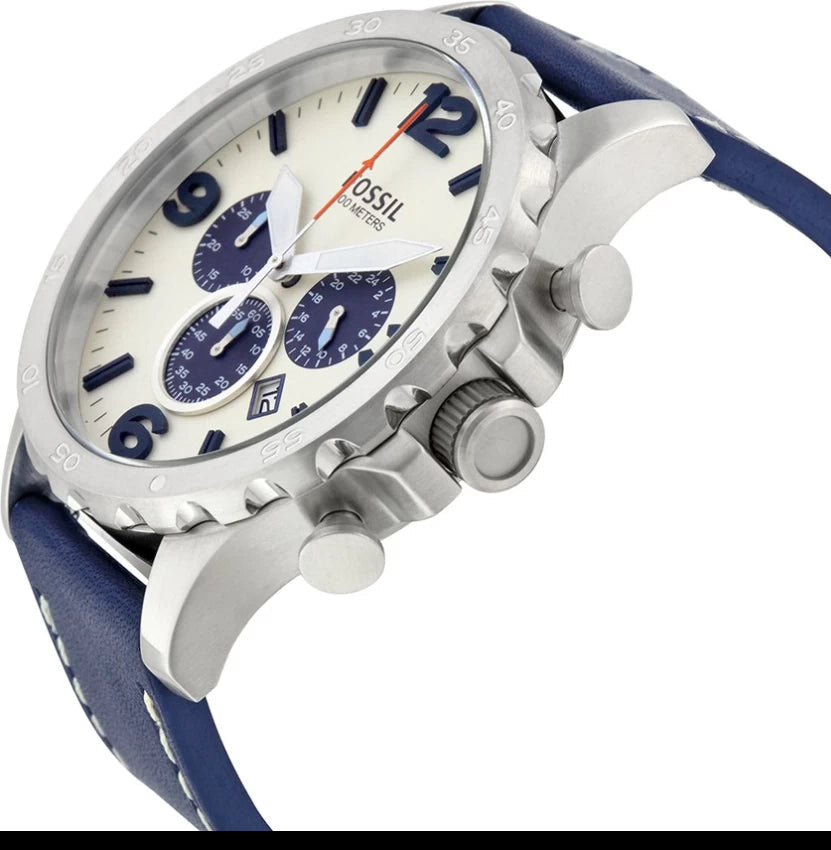 Fossil Nate Chronograph White Dial Blue Leather Strap Watch for Men - JR1480 Watches Fossil   