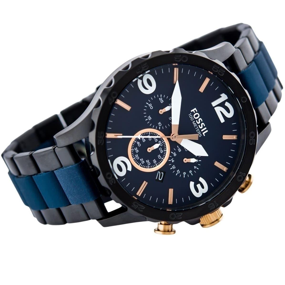 Fossil Nate Chronograph Blue Dial Two Tone Steel Strap Watch for Men - JR1494 Watches Fossil   