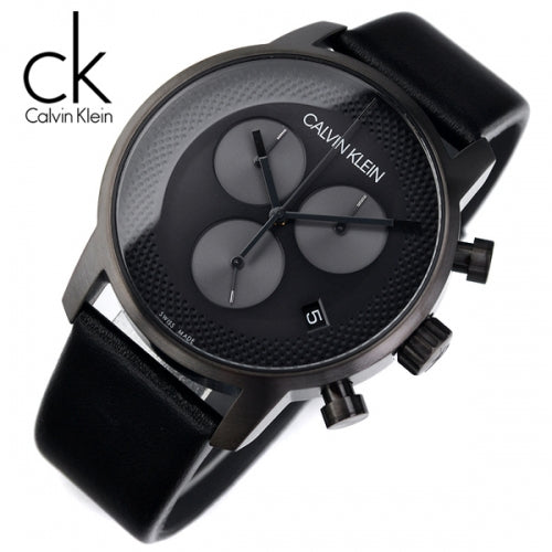 Calvin Klein City Chronograph Grey Dial Black Leather Strap Watch for Men - K2G177C3 Watches Calvin Klein   