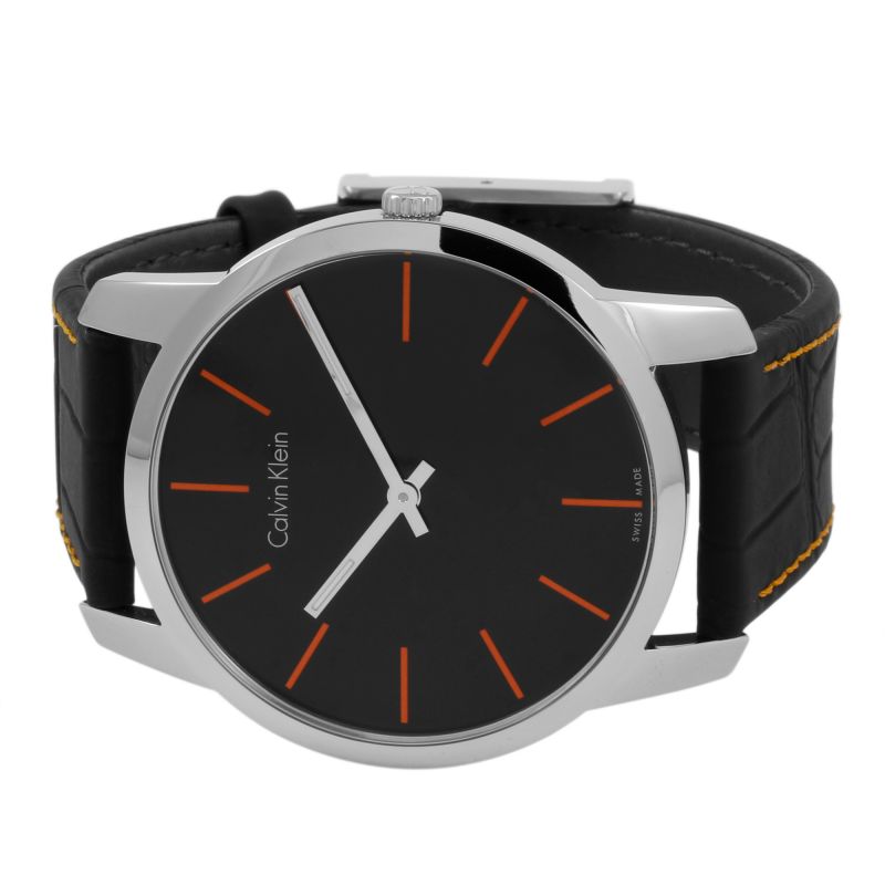 Calvin Klein City Black Dial Black Leather Strap Watch for Men - K2G211C1 Watches Calvin Klein   