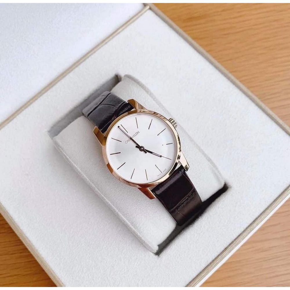 Calvin Klein City White Mother of Pearl Dial Brown Leather Strap Watch for Women - K2G23620 Watches Calvin Klein   