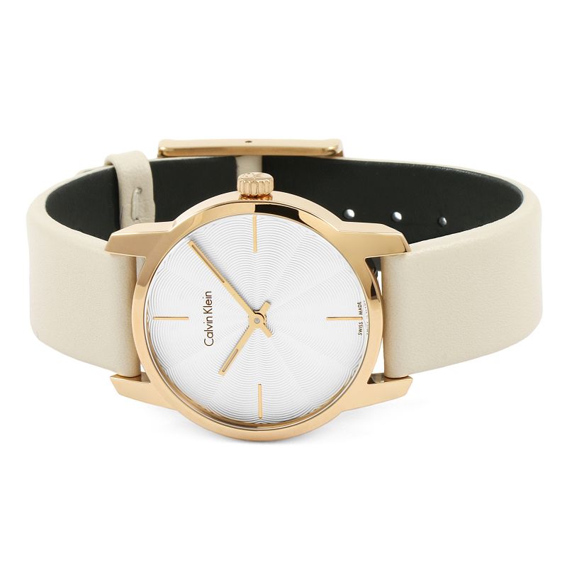 Calvin Klein City Silver Dial White Leather Strap Watch for Women - K2G236X6 Watches Calvin Klein   