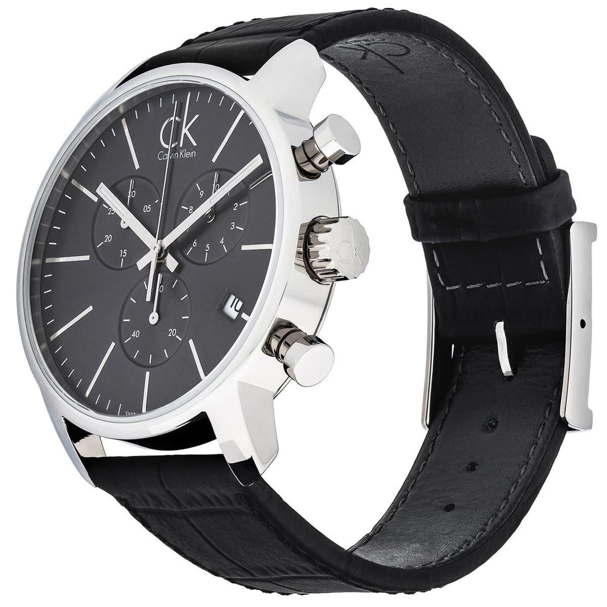 Calvin Klein City Chronograph Black Dial Black Leather Strap Watch for Men - K2G271C3 Watches Calvin Klein   