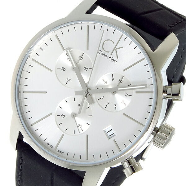 Calvin Klein City Chronograph Silver Dial Black Leather Strap Watch for Men - K2G271C6 Watches Calvin Klein   