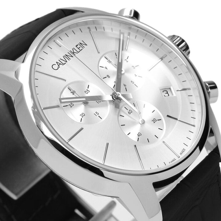 Calvin Klein City Chronograph Silver Dial Black Leather Strap Watch for Men - K2G271C6 Watches Calvin Klein   