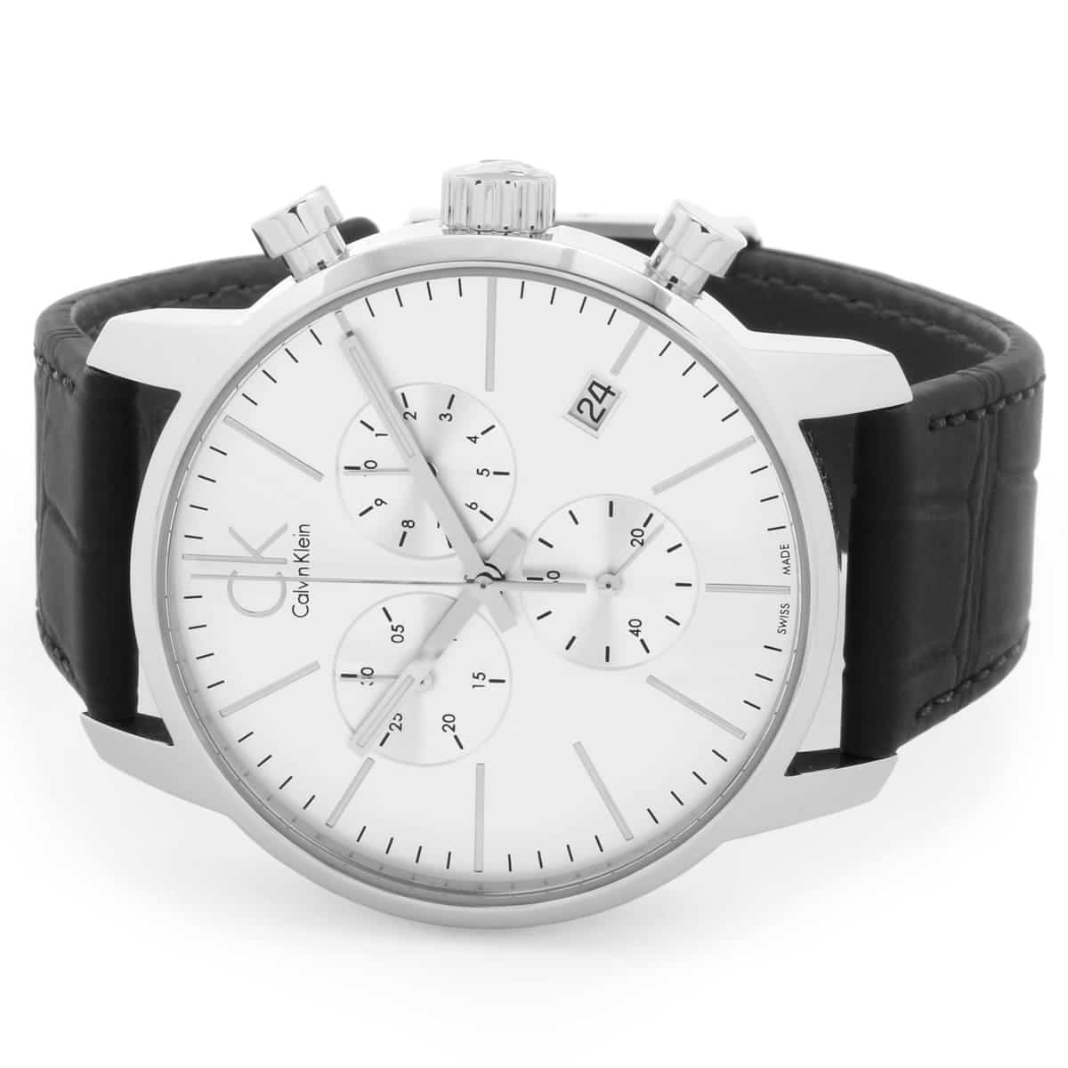 Calvin Klein City Chronograph Silver Dial Black Leather Strap Watch for Men - K2G271C6 Watches Calvin Klein   