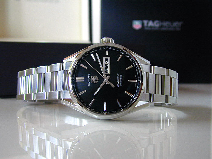 Tag Heuer Carrera Calibre 5 Automatic Black Dial Silver Steel Strap Watch for Men - WAR201A.BA0723 Watches Tag Heuer   