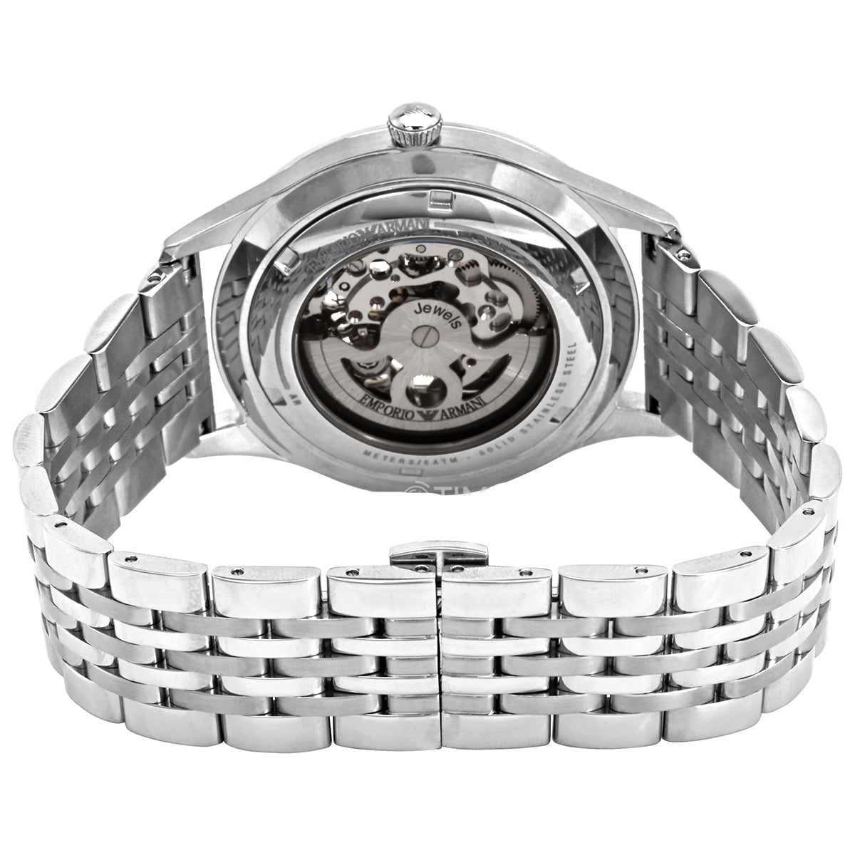 Emporio Armani Meccanico Silver Skeleton Dial Stainless Steel Watch For Men - AR1945 Watches Emporio Armani   