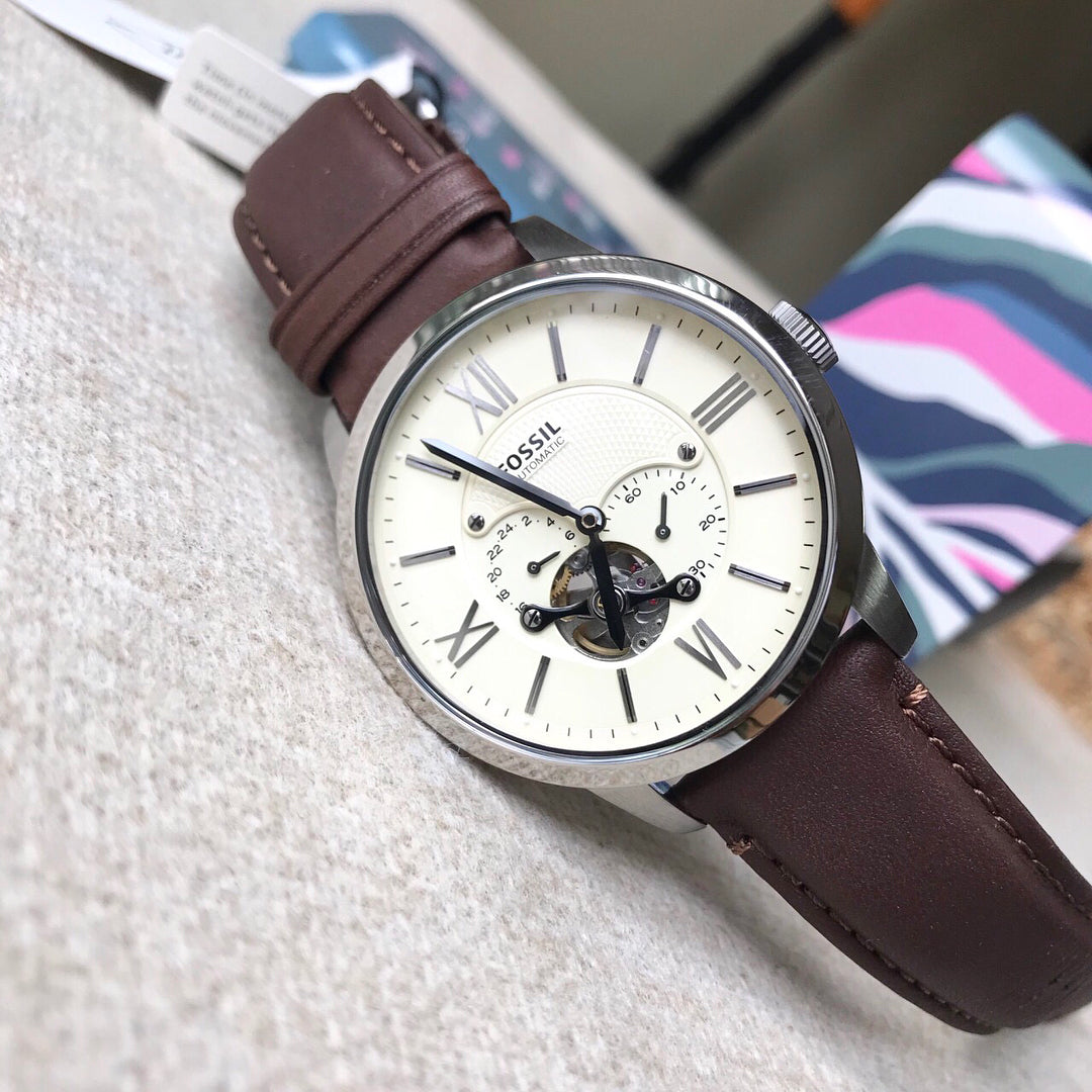 Fossil Townsman Automatic White Dial Brown Leather Strap Watch for Men - ME3064 Watches Fossil   