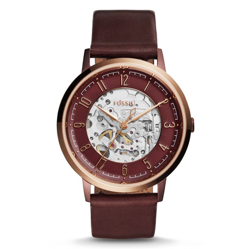 Fossil Vintage Muse Automatic Skeleton Maroon Dial Maroon Leather Strap Watch for Women - ME3137 Watches Fossil   