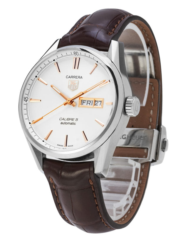 Tag Heuer Carrera Calibre 5 Automatic White Dial Brown Leather Strap Watch for Men - WAR201D.FC6291 Watches Tag Heuer   