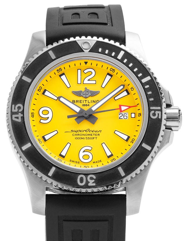 Breitling Superocean Automatic 44mm Yellow Dial Black Rubber Strap Watch for Men - A17367021I1S1 Watches Breitling   