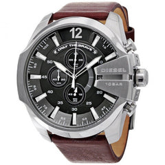 Diesel Mega Chief Black & Silver Round Dial Brown Leather Watch For Men - DZ4290 Watches Diesel   