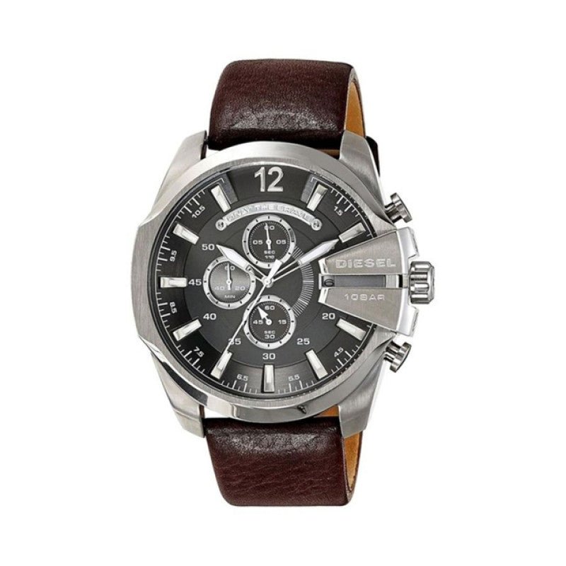 Diesel Mega Chief Black & Silver Round Dial Brown Leather Watch For Men - DZ4290 Watches Diesel   