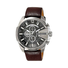 Diesel Mega Chief Black & Silver Round Dial Brown Leather Watch For Men - DZ4290 Watches Diesel   