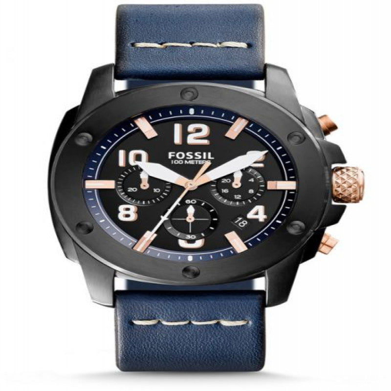 Fossil Modern Machine Chronograph Black Dial Blue Leather Strap Watch for Men - FS5066 Watches Fossil   