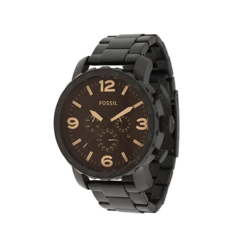 Fossil Nate Chrongraph Black Ion Plated Black Dial Black Steel Strap Watch for Men - JR1356 Watches Fossil   