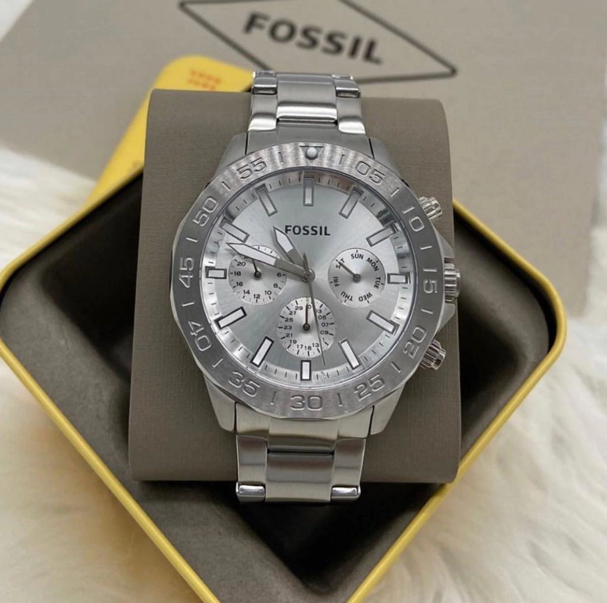 Fossil Bannon Multifunction Chronograph Silver Dial Silver Steel Strap Watch for Men - BQ2490 Watches Fossil   