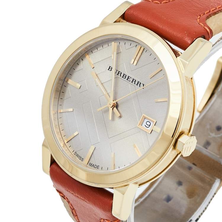 Burberry The City Gold Dial Orange Leather Strap Watch for Women - BU9016 Watches Burberry   