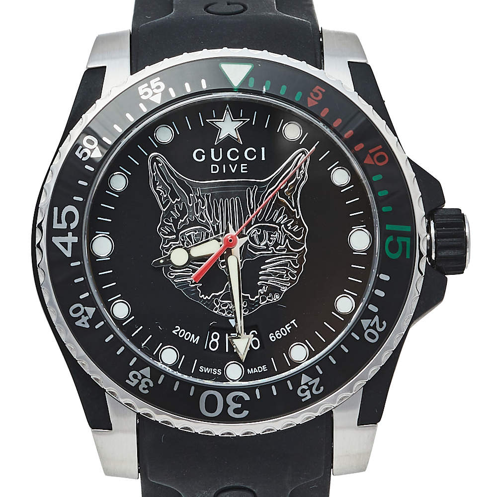 Gucci Dive Feline Black Dial Black Rubber Strap Watch For Men - YA136320 Watches Gucci   