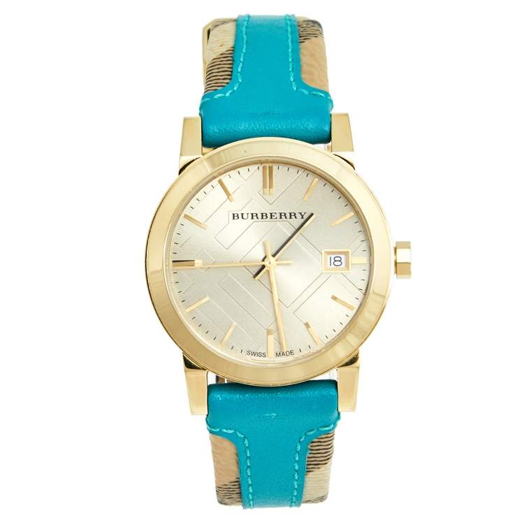 Burberry The City Gold Dial Turquoise Leather Strap Watch for Women - BU9018 Watches Burberry   