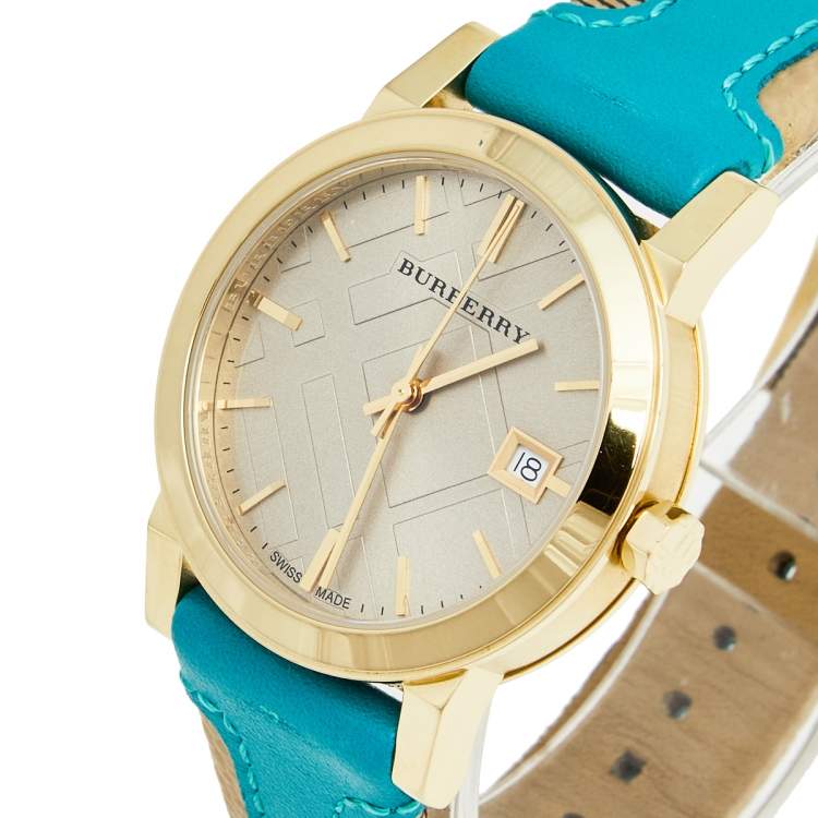 Burberry The City Gold Dial Turquoise Leather Strap Watch for Women - BU9018 Watches Burberry   