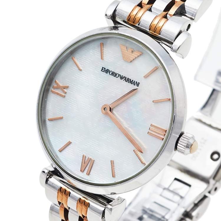 Emporio Armani Gianni T-Bar Mother of Pearl Dial Two Tone Stainless Steel Watch For Women - AR1987 Watches Emporio Armani   