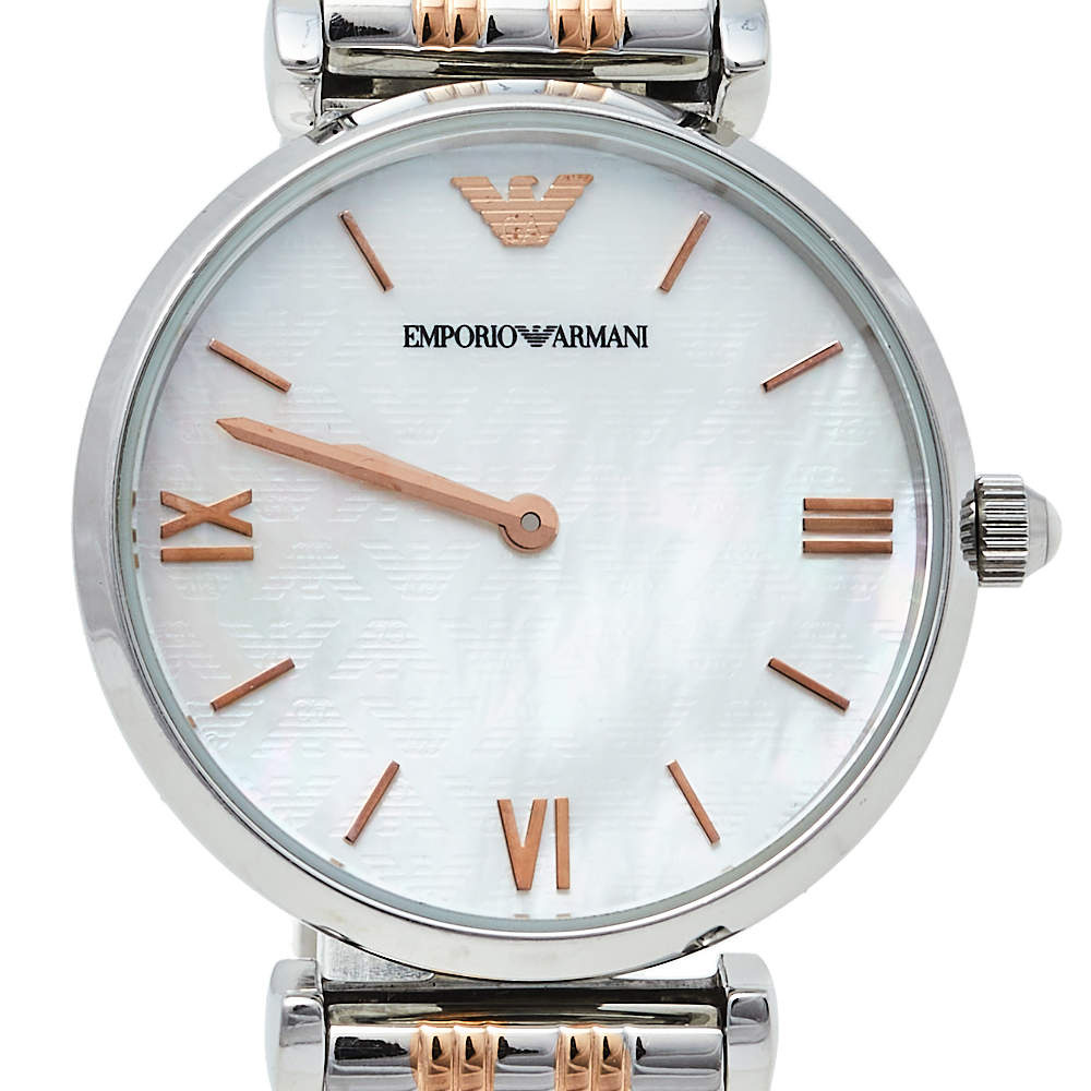 Emporio Armani Gianni T-Bar Mother of Pearl Dial Two Tone Stainless Steel Watch For Women - AR1987 Watches Emporio Armani   