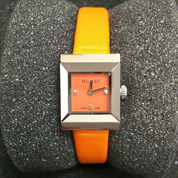 Gucci G-Frame Square Mother of Pearl Orange Dial Orange Leather Strap Watch For Women - YA128532 Watches Gucci   