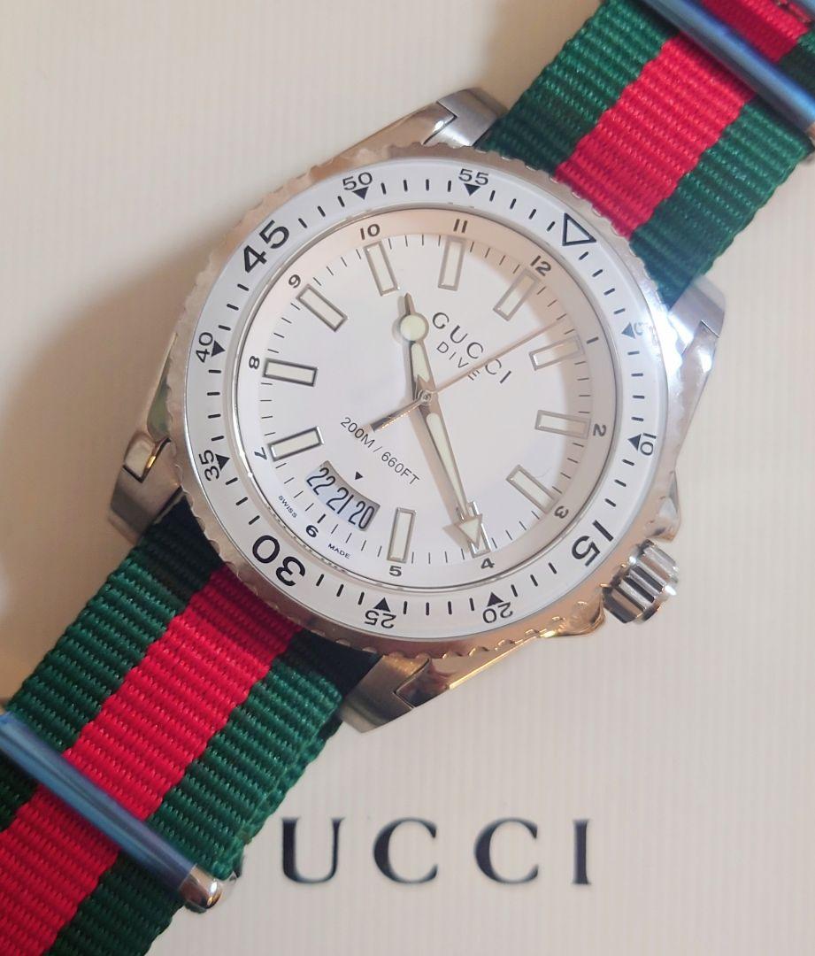 Gucci Dive White Dial Red & Green Nylon Strap Watch For Men - YA136207 Watches Gucci   