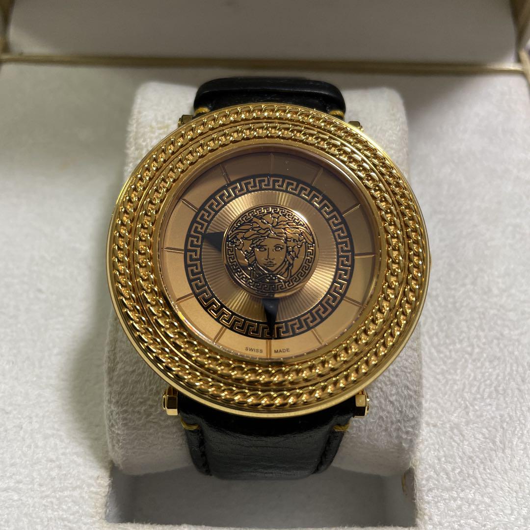 Versace V Metal Icon Gold Dial Black & Gold Strap Watch for Women - VLC030014 Watches Versace   