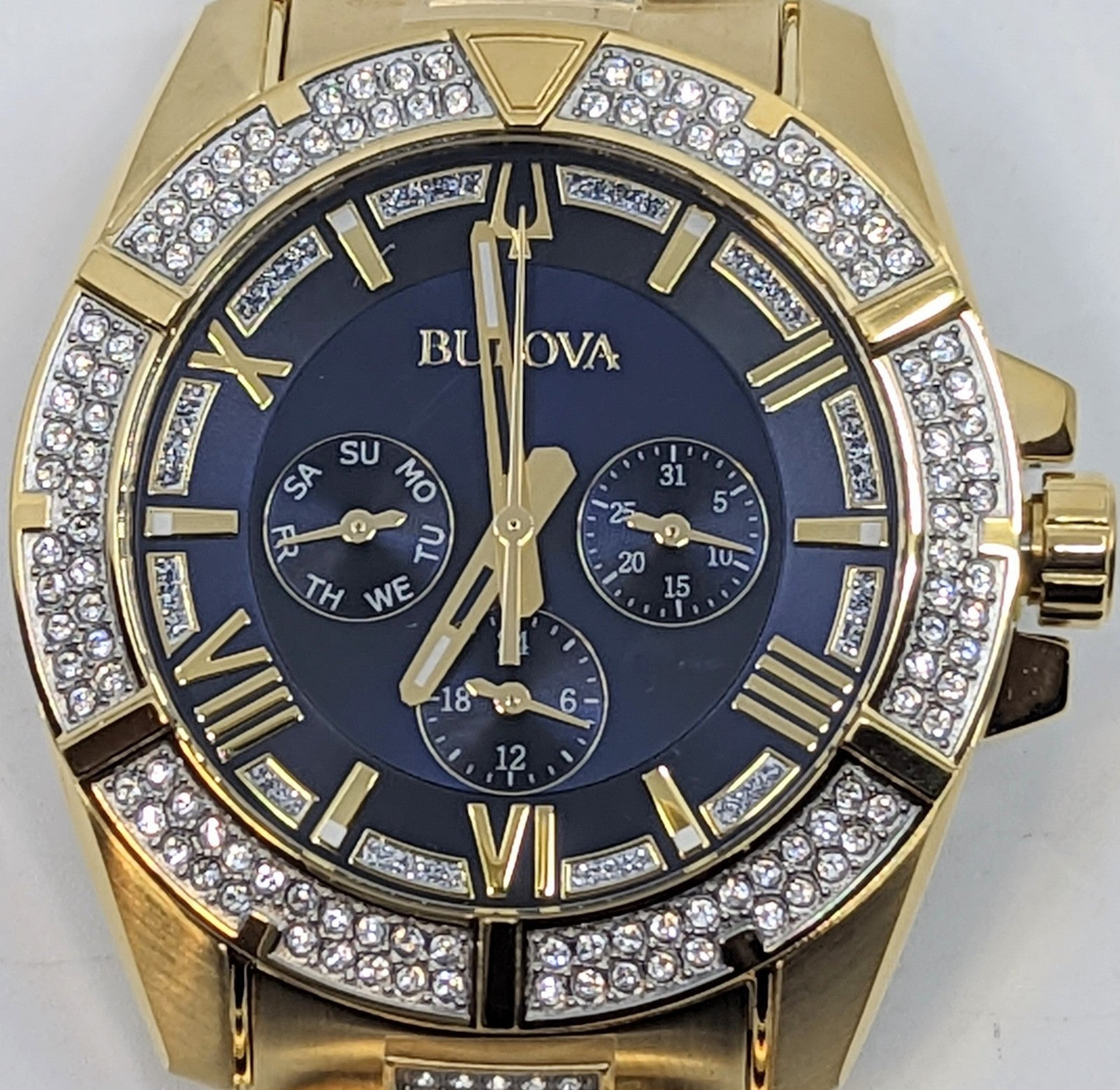 Bulova Crystal Collection Blue Dial Gold Steel Strap Watch for Men - 98C128 Watches Bulova   