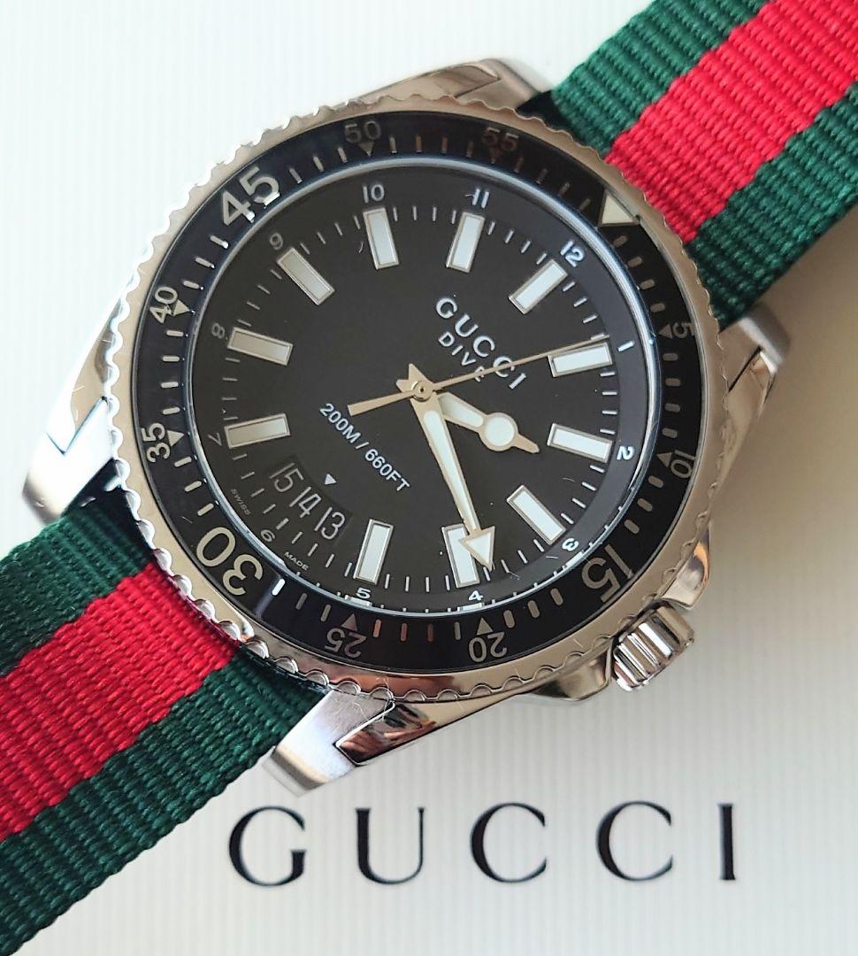 Gucci Dive Black Dial Green & Red Nylon Strap Watch For Men - YA136206 Watches Gucci   