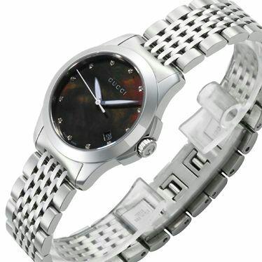 Gucci G Timeless Diamond Mother of Pearl Black Dial Silver Steel Strap Watch For Women - YA126505 Watches Gucci   