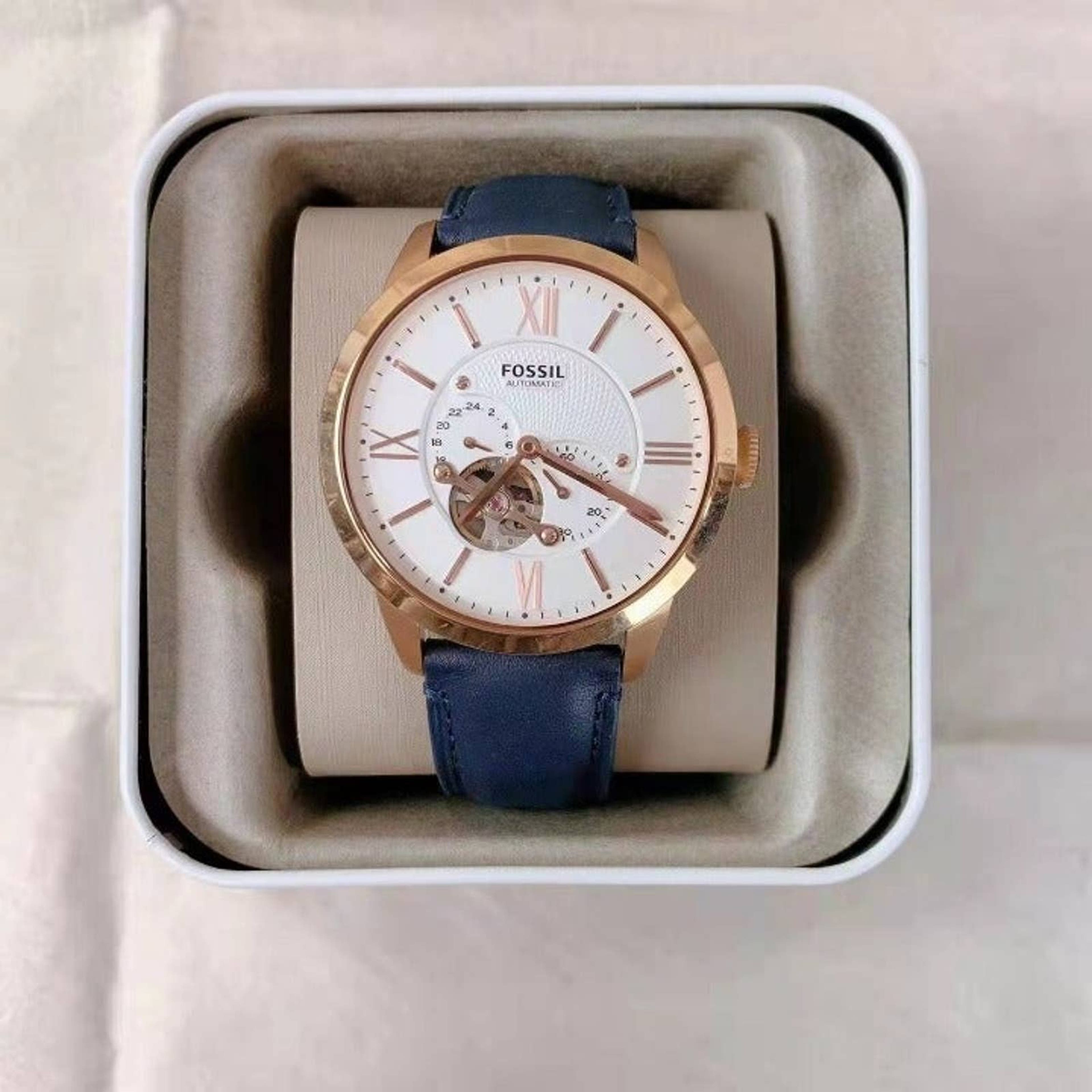 Fossil Townsman Automatic White Dial Navy Blue Leather Strap Watch for Men - ME3171 Watches Fossil   