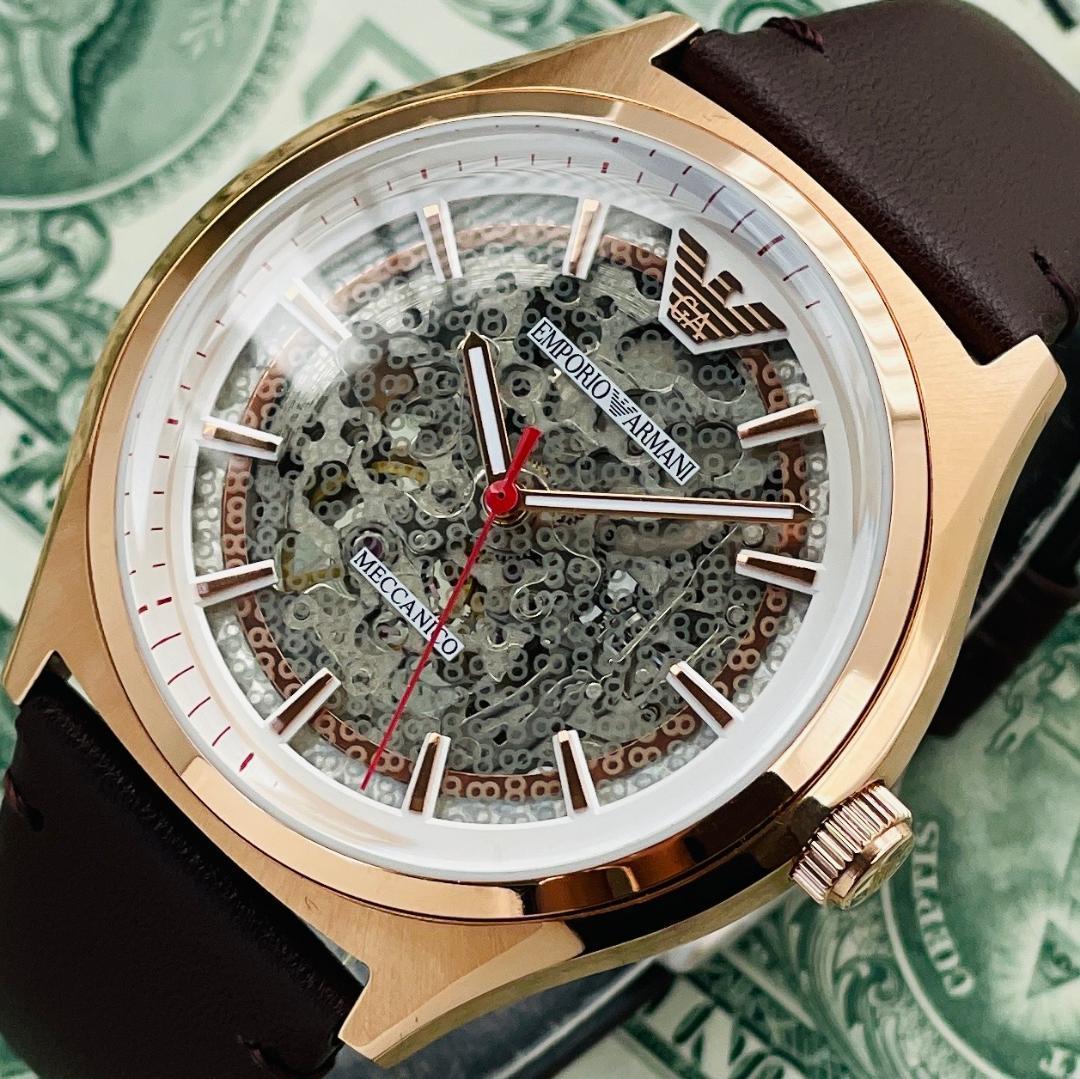 Emporio Armani Meccanico White Skeleton Dial Brown Leather Strap Watch For Men - AR60005 Watches Emporio Armani   