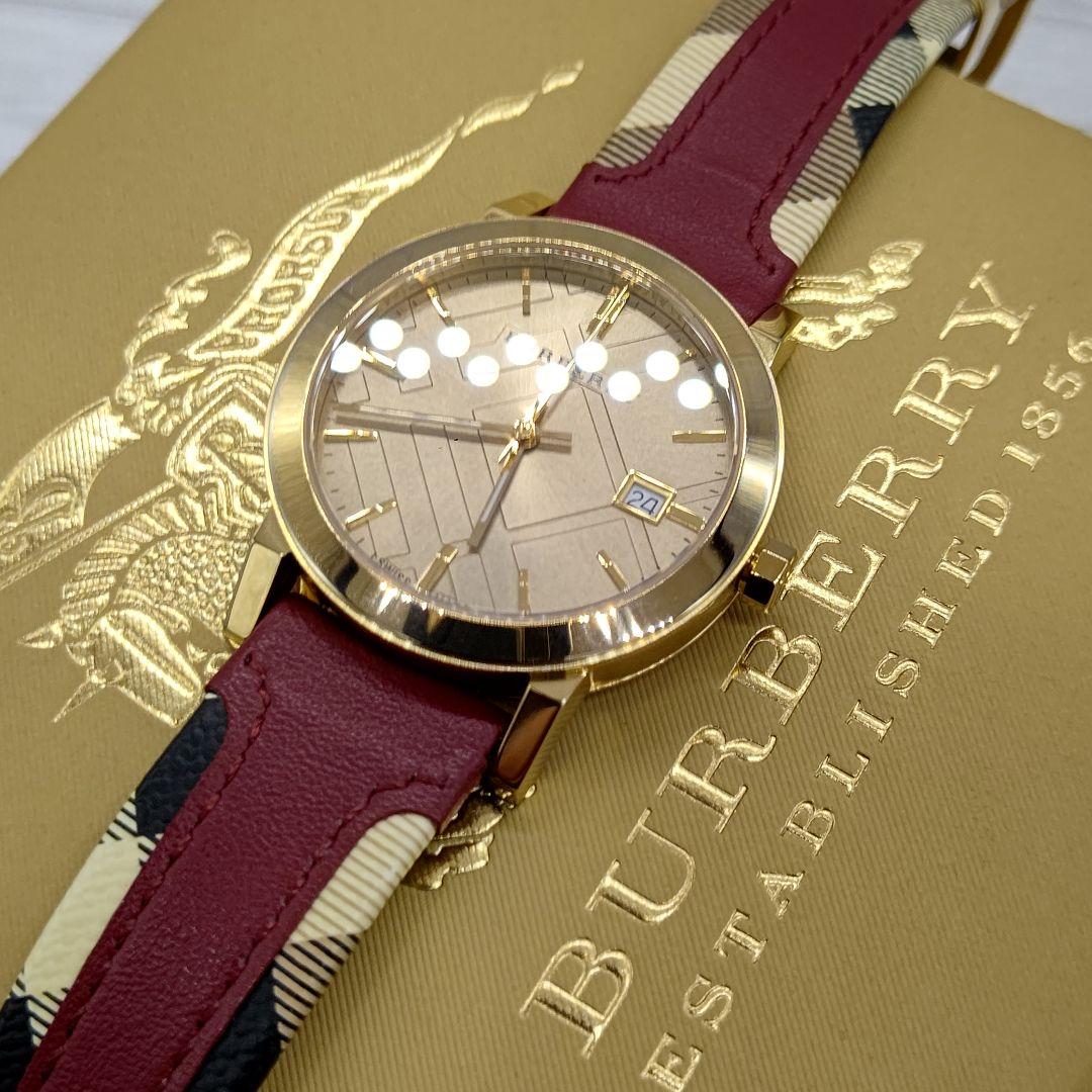 Burberry The City Gold Dial Maroon Leather Strap Watch for Women - BU9017 Watches Burberry   